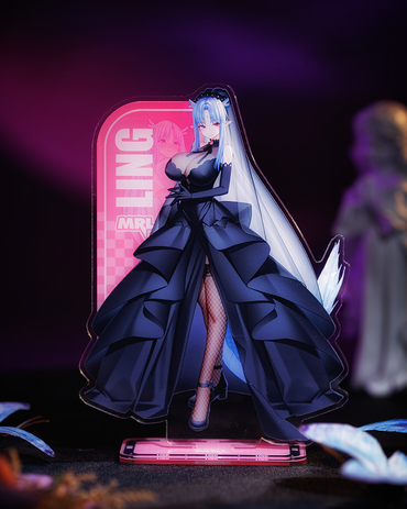 A bishoujo acrylic stand of Ling in a black gothic wedding dress, illuminated by soft purple and pink lighting.