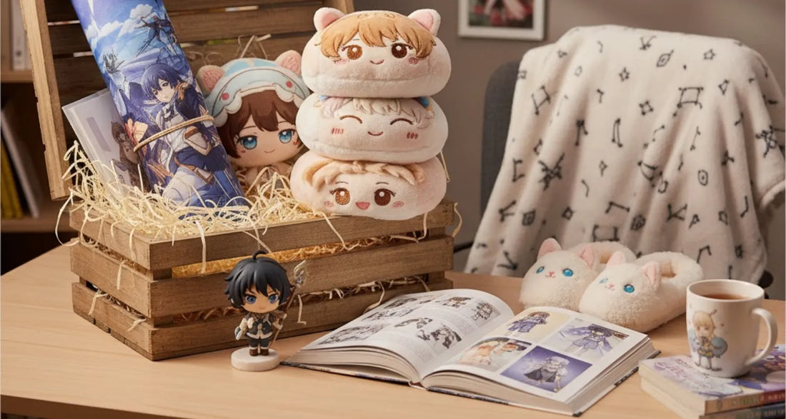 Best Anime Merch Gift Ideas for Otaku Friends, showing plushies, figures, and an art book on a cozy desk.